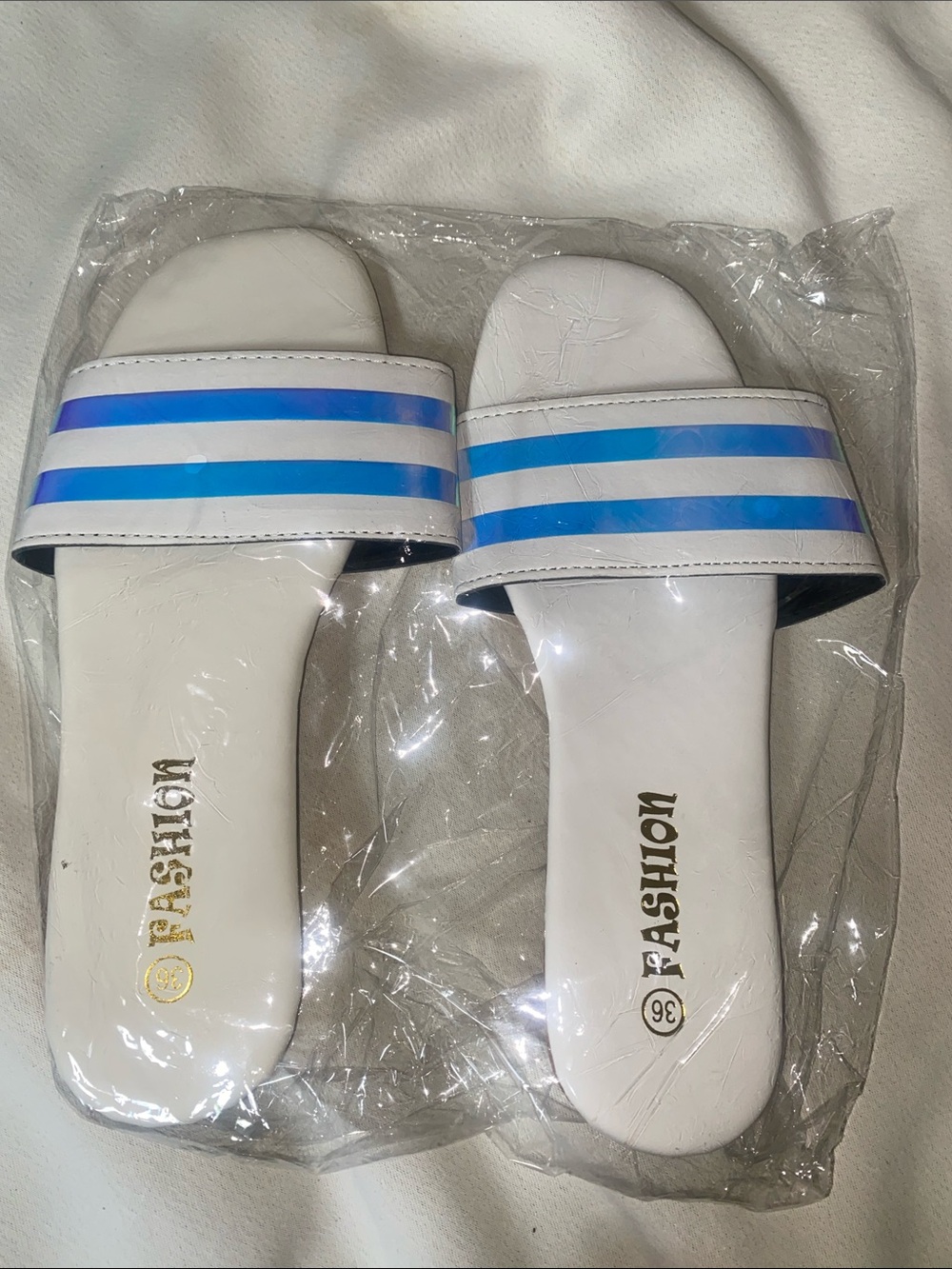 Fashion White Slide Sandals with Blue Stripe Accent